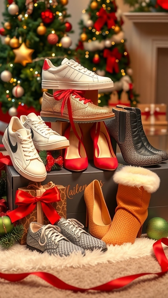 A collection of stylish shoes for Christmas gifts, surrounded by holiday decorations.